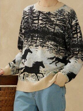 Kuwalla Black/Tan Wild Stallion Printed Jacquard Knit Sweater